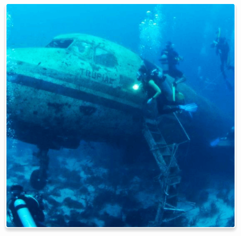 Scuba divers exploring an underwater aircraft wreck